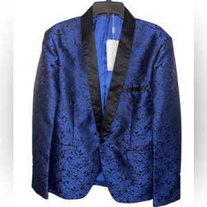 Men's Blue and Black Lacquard Floral Print Blazer  us large / eu40
